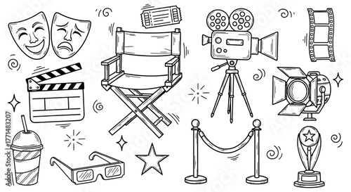 A graphic collection of hand-drawn cinema and film industry elements in a doodle sketch style