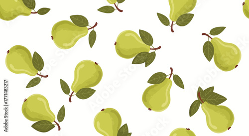 Seamless pattern featuring fresh green pears with delicate leaves scattered across a clean white background, perfect for vibrant food designs, textile prints, or healthy lifestyle themes