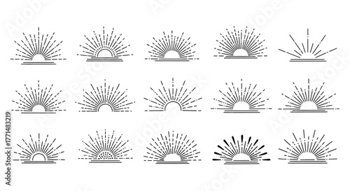Collection of sunburst semicircle outlines, representing radiant energy, light rays, and decorative design elements