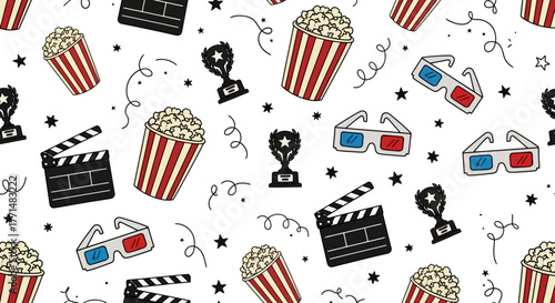 Cinema-themed seamless pattern featuring popcorn, 3D glasses, film clapperboards, and awards, perfect for movie night decorations and event invitations