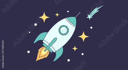 Rocket ship blasting off into the vast expanse of space, surrounded by stars and a shooting star