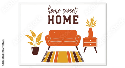 Cozy Living Room Scene with Sofa, Plant, and Cabinet - Home Sweet Home Illustration