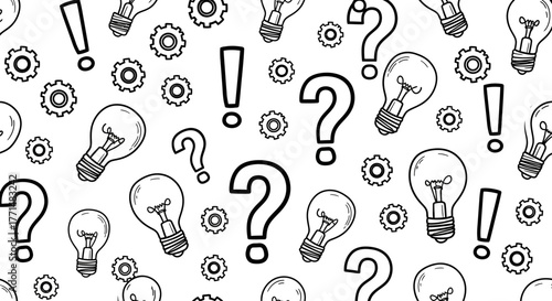 Concept Pattern Question Marks, Light Bulbs, and Gears for Ideas and Solutions