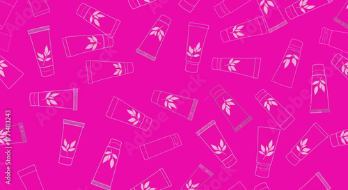 Vibrant pink seamless pattern featuring white outline illustrations of cosmetic tubes with natural leaf designs, perfect for beauty product branding and skincare backgrounds
