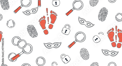 Investigative Pattern A Montage of Mystery-Solving Symbols including Magnifying Glasses, Footprints, and Fingerprints on a White Background