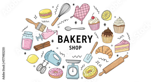 Delicious Bakery Items and Baking Tools Illustration A Sweet Collection for Your Culinary Creations