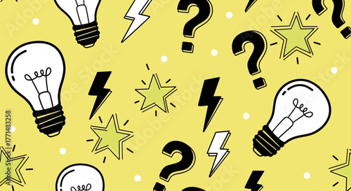 Dynamic graphic background with an engaging pattern of concept art elements like glowing light bulbs, question marks, and energy sparks on a vibrant yellow canvas, symbolizing innovation and curiosity