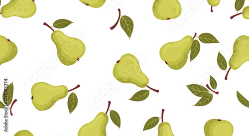 Seamless Pattern of Green Pears with Leaves on White Background Fruit Design