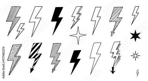 Collection of hand-drawn lightning bolt icons and abstract starbursts on a white background for graphic design