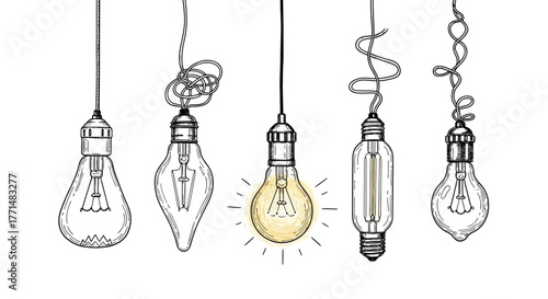 A creative collection of various light bulbs, some illuminated, representing ideas and innovation