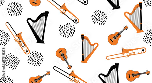 Vibrant seamless graphic pattern of musical instruments harps, trombones, and ukuleles. Colorful orange and black on white, perfect for cheerful, energetic designs and creative projects