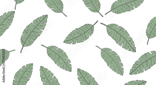Abstract seamless pattern featuring an array of stylized light green banana leaves gracefully arranged on a clean white canvas, evoking a serene and natural tropical aesthetic