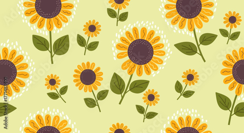 Bright and cheerful seamless sunflower pattern on a light green background, ideal for summer fabric, wallpaper, or digital design projects, evoking a fresh, floral aesthetic