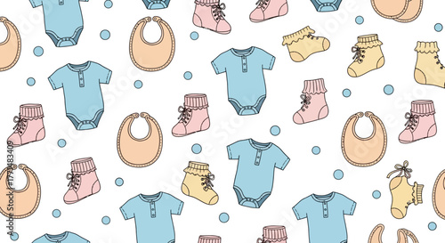 Soft seamless pattern with adorable baby essentials like blue bodysuits, pink booties, yellow socks, and beige bibs, ideal for nursery decor, baby shower invites, and children's textile designs