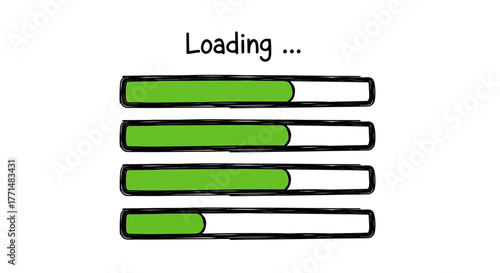 Hand-drawn animated loading progress bars with 'Loading...' text, showing data transfer or system processing status in a user interface graphic for web or app design