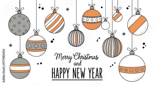 Elegant festive illustration featuring a charming array of hanging Christmas and New Year baubles with stylish patterns in warm orange and classic grey, perfectly capturing 