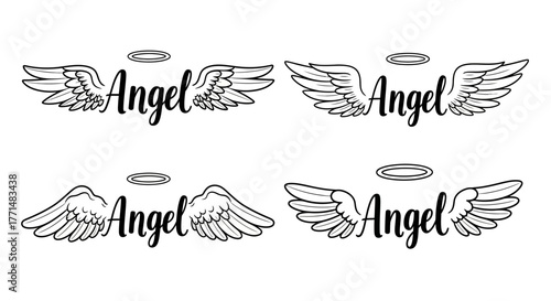 Angel Wings with Halo in Black and White A Collection of Celestial Designs for Various Applications