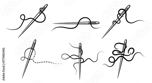 Collection of sewing needles with thread, illustrating different stitching techniques and threads