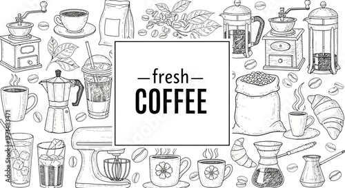Fresh Coffee A Whimsical Line Art Illustration of Coffee Beans and Brewing Accessories