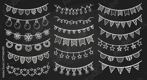 Collection of decorative chalk-drawn bunting and string lights on a dark background, perfect for festive occasions and celebrations