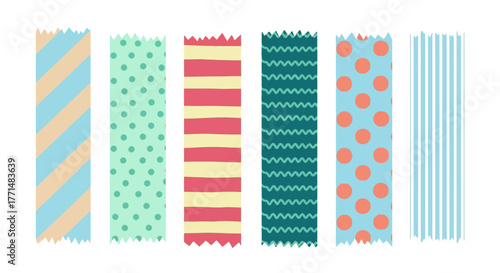 A collection of colorful and patterned washi tape strips, ideal for crafting and scrapbooking projects