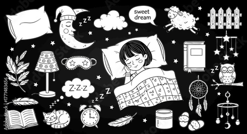 Sweet Dreams and Cozy Bedtime Elements Doodle Collection A Charming Black and White Hand-Drawn Illustration Set for Sleep, Relaxation, and Nighttime Themes