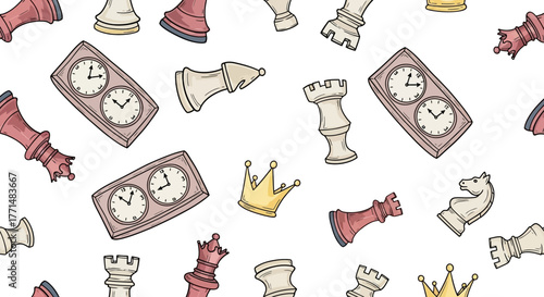 Hand-drawn seamless pattern background featuring various cartoon chess pieces, a crown, and a chess clock, illustrating a strategy board game concept