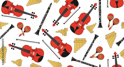A vibrant graphic pattern showcasing a symphony of classical and folk instruments like violins, clarinets, and pan flutes on a seamless background