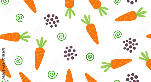 A cute seamless pattern featuring cartoon-style orange carrots with green tops. Vector background illustration with vegetables and abstract elements