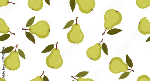 Seamless pattern of fresh green pears with leaves on a white background