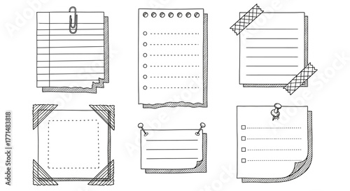 Collection of Hand-Drawn Notes and Paper Elements with Various Designs and Textures for Digital use