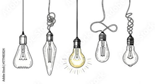 Set of hand-drawn dangling vintage style light bulbs, with one radiating light, symbolizing the spark of an innovative idea, creative thinking, or the start of a solution