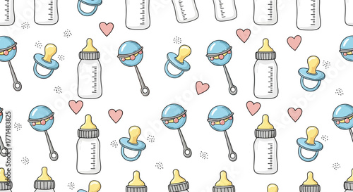 Adorable Baby Essentials Seamless Pattern Featuring Bottles, Rattles, and Hearts for Background