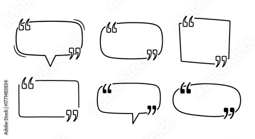 Versatile collection of hand-drawn doodle speech bubbles with distinct irregular frames, featuring quotation marks for text, communication, and creative quote design elements, 