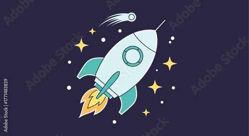 Vibrant flat design illustration of a space rocket launching into the cosmic sky, symbolizing innovation, startup growth, rapid progress, and future success through a clean modern graphic