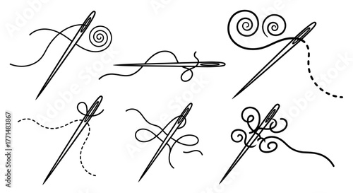 Artistic collection of sewing needles threaded with decorative swirls and loops, perfect for craft, fashion, and textile art designs, presented in a clean, minimalist line illustration style