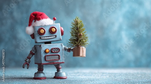 cute robot with christmas tree on festive background illustration