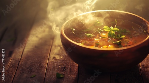 Steaming hot soup in rustic wooden bowl on dark wood.
