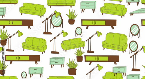 A vibrant and playful seamless pattern featuring cartoon-style illustrations of green sofas, floor lamps, and plants, perfect for home decor and interior design projects