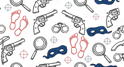 Intricate seamless vector pattern showcasing classic detective and crime investigation elements. Ideal for mystery, thriller, or police-themed backgrounds and designs