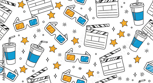 Seamless vector pattern with hand-drawn movie elements. Features film clapperboards, 3D glasses, drinks, and stars, creating a lively background for cinema-themed graphic design 