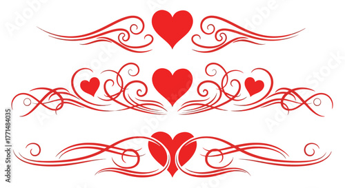 A collection of elegant red heart-shaped scrollwork designs, perfect for romantic or decorative applications