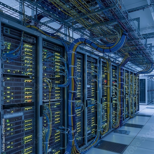 An expansive interior shot of a data center, showcasing rows of servers encased in racks, illuminated by internal lights, and draped in a web of cables