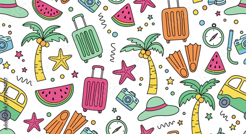 Summer Holiday Pattern with Travel Elements Palm Trees, Suitcases, and Beach Gear
