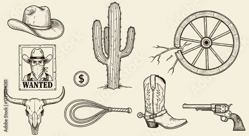 Vintage Western Icon Set Cowboy Hat, Cactus, Skull, Wanted Poster, and More – Classic Desert Theme