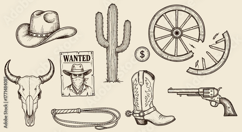 Wild West Cowboy Collection Hat, Boots, Cactus, Wanted Poster, Wagon Wheel, and Pistol