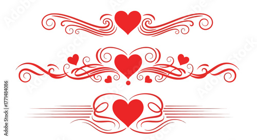 Red Heart Dividers and Flourishes for Valentine's Day or Romantic Designs