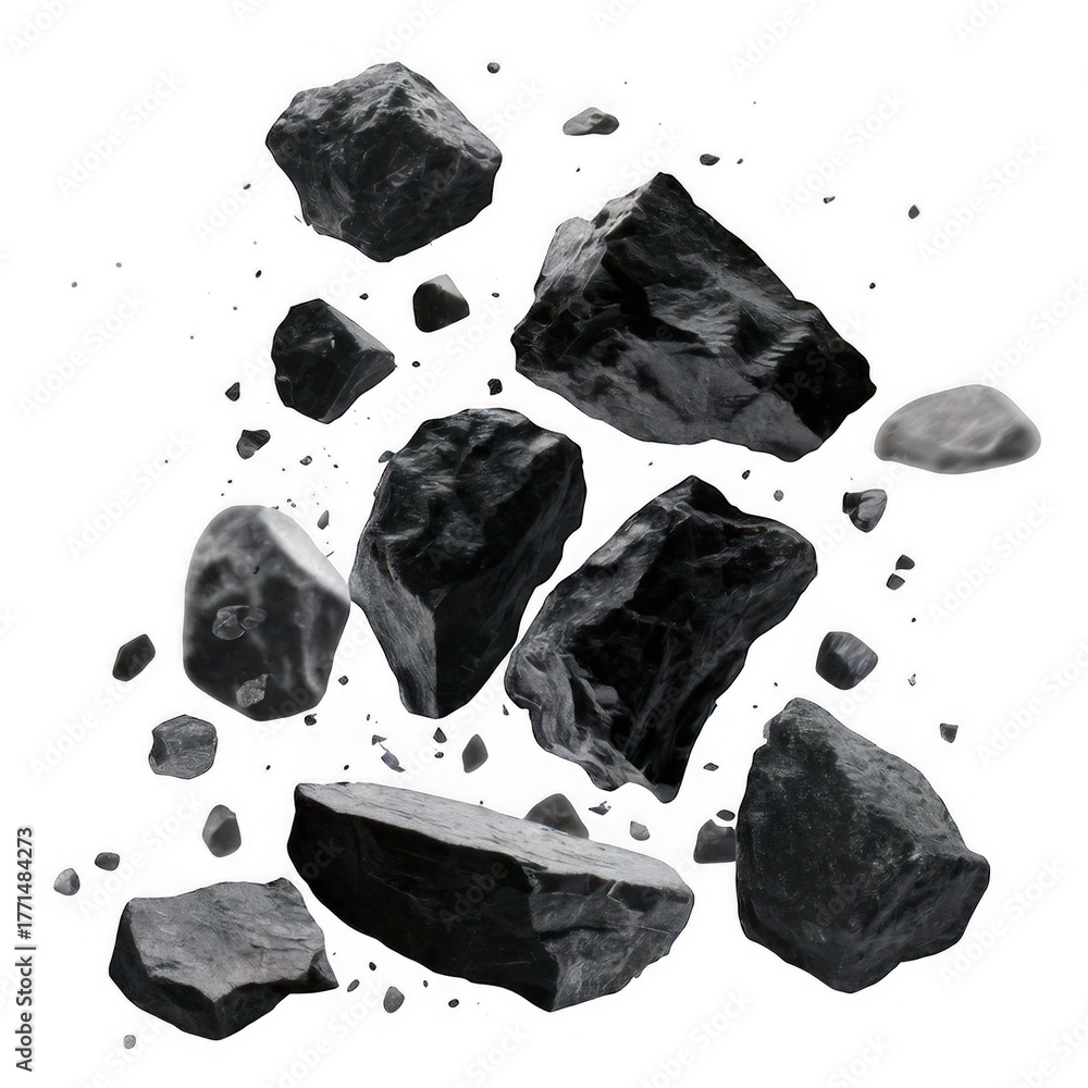Naklejka premium Flying falling black rocks isolated on transparent or white background