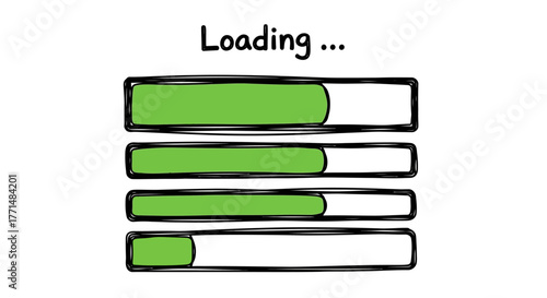 Informal hand-drawn illustration of multiple green progress bars on a white background, visually representing data loading, digital processing, file downloads, and system updates