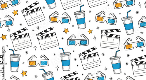 Hand-drawn cinema objects in a seamless pattern. Movie entertainment background with film clapper, 3D glasses, and soda drink doodles